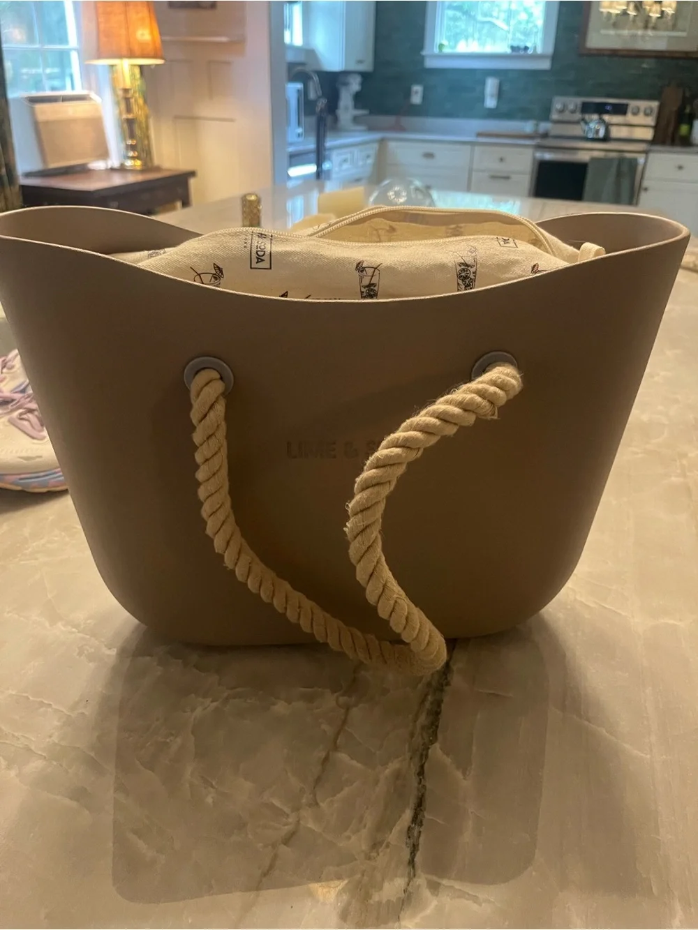 Taupe Rope-Handle Tote lime & soda